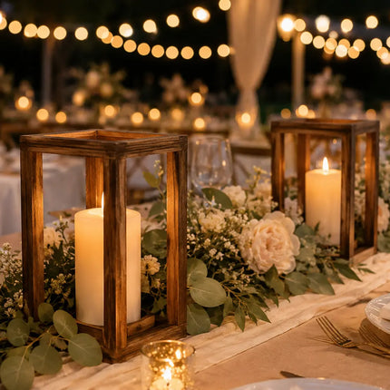 Lanternes en bois avec bougies sur une table de mariage élégante décorée de fleurs et lumières chaleureuses