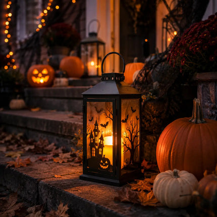 Décoration Halloween chaleureuse avec lanterne lumineuse et citrouilles dans une ambiance automnale
