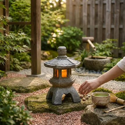 Lanterne japonaise décorative en pierre dans un jardin zen extérieur créant une ambiance chaleureuse et relaxante