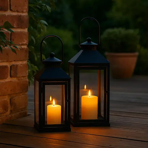 Paire de lanternes extérieures classiques en métal noir mat et verre, de tailles différentes, posées sur un plancher en bois au crépuscule, devant un mur de briques. Chaque lanterne contient une grande bougie pilier LED allumée, offrant une lumière d'ambiance chaude et accueillante pour une terrasse ou un patio. (Lanternes noires extérieures, décoration bougie)