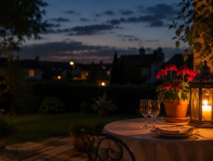 Terrasse de jardin français au crépuscule avec une lanterne décorative en fer forgé allumée, géraniums en pot terracotta et table dressée en lin