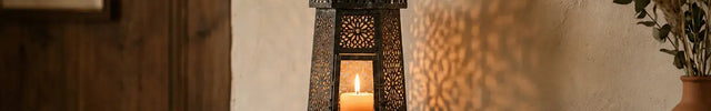 Lanterne marocaine noire en métal avec bougie allumée sur une console en bois, créant une ambiance chaleureuse et rustique dans un intérieur décoratif.